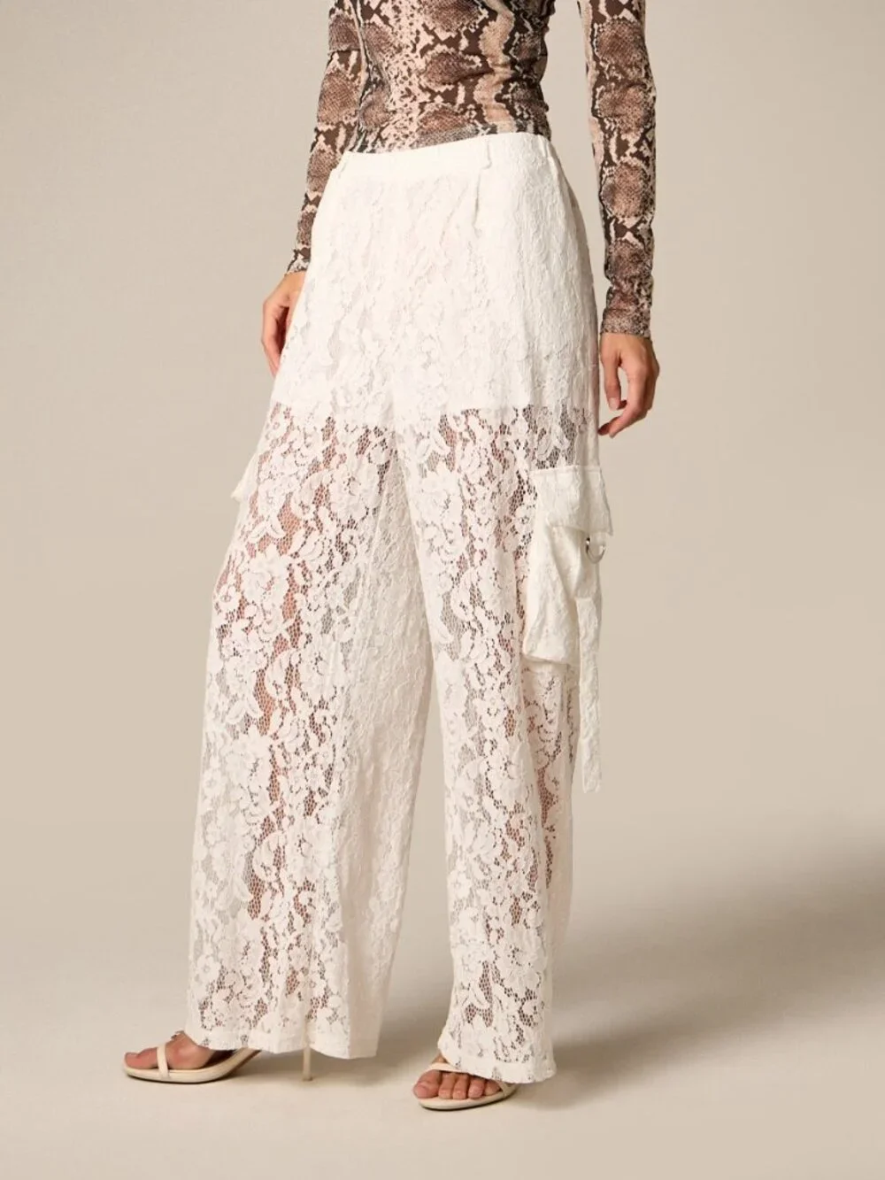 White Elegant Women's Wide Leg Cargo Pants with Floral Lace Utility Pockets